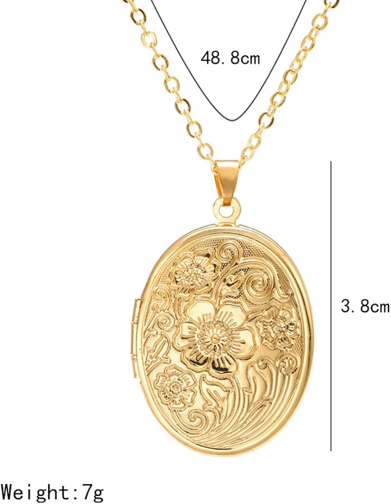 SCRDPRAD Vintage Engraved Flower Empaistic Photo Locket Hold Picture Oval Round Pendant Necklace Antique Carved Pattern Souvenir Memorial Clavicle Sweet Jewelry for Women - Image 1